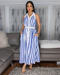 Calipso Blue White Stripes Midi Dress