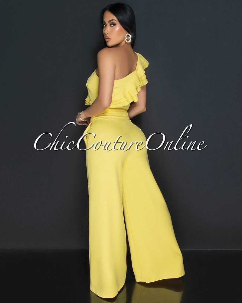 Palila Yellow One Shoulder Ruffle Crop Top & Wide Pants Set