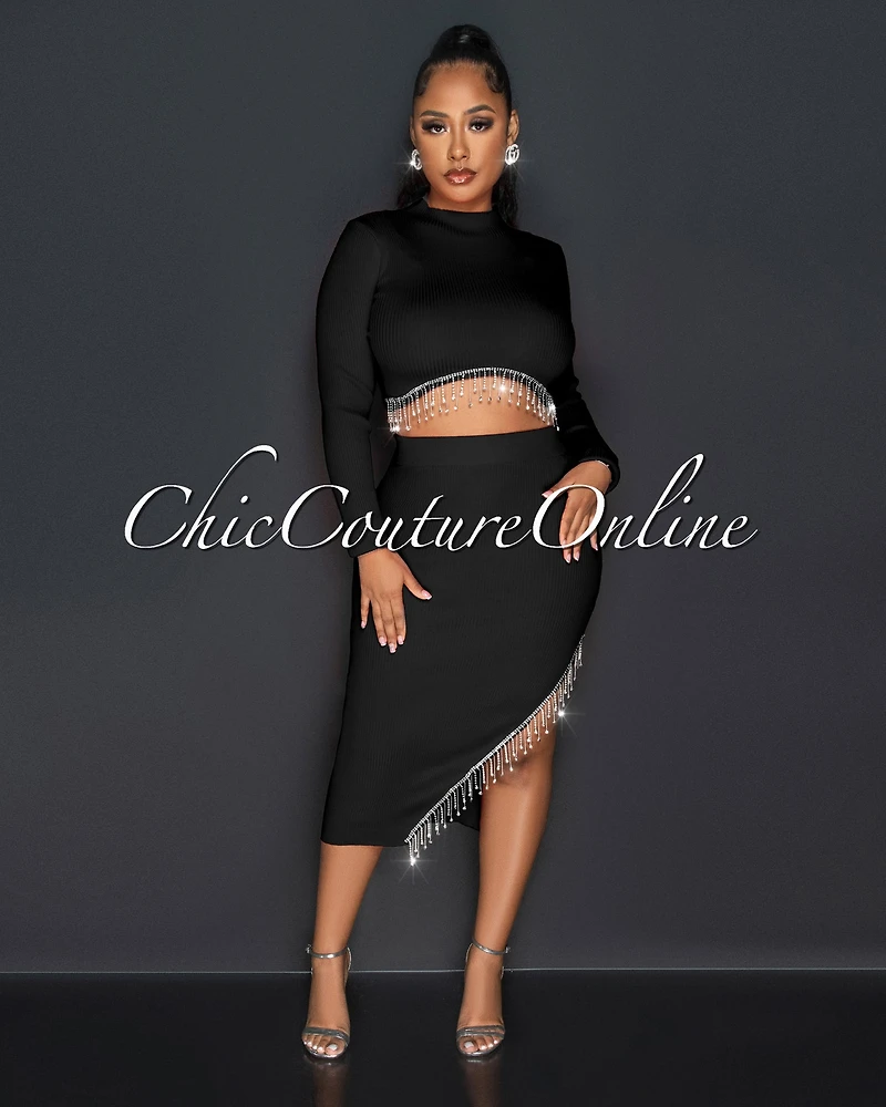 *Nala Black Crop Top & Midi Skirt Rhinestones Fringe Set