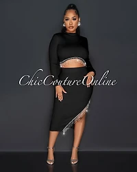 *Nala Black Crop Top & Midi Skirt Rhinestones Fringe Set