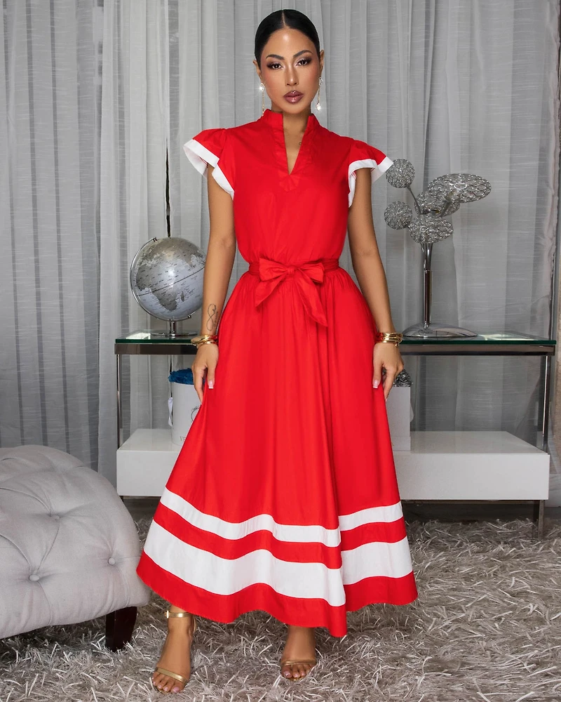 Amandine Red White Trim Woven Midi Dress