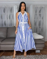 Calipso Blue White Stripes Midi Dress