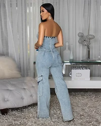 Orena Stone Acid Wash Denim Strapless Cargo Jumpsuit