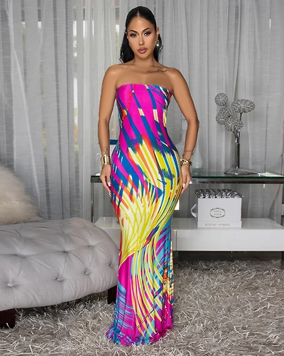 Jalsa Fuschia Multi-Color Key Hole Back Maxi  Dress