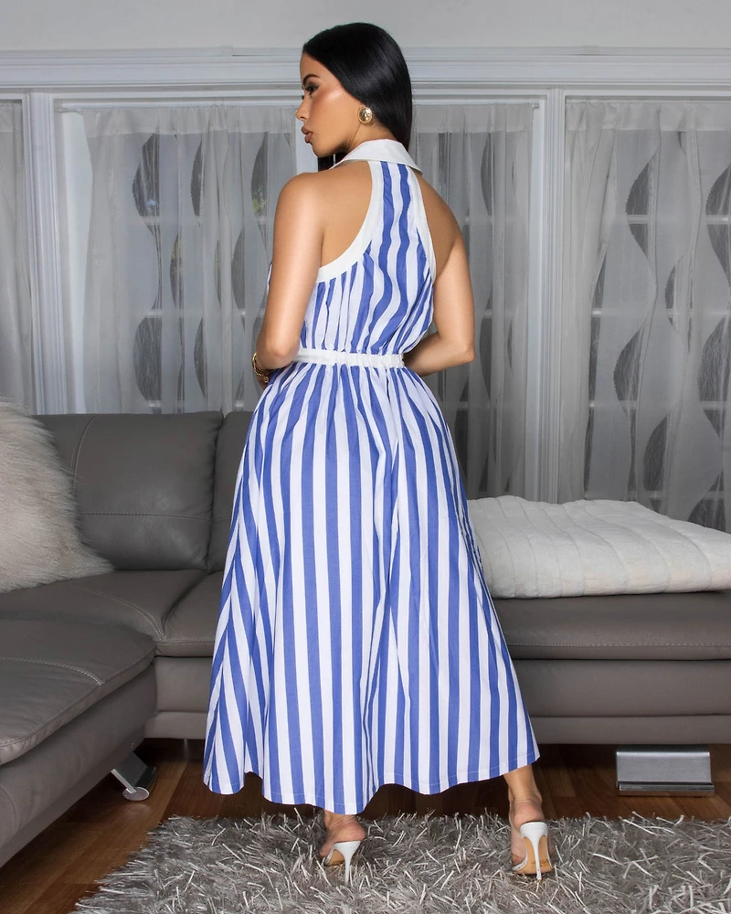 Calipso Blue White Stripes Midi Dress