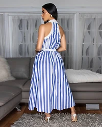 Calipso Blue White Stripes Midi Dress