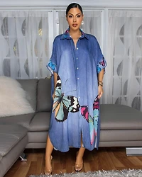 Hayes Medium Blue Butterfly Print Maxi Dress