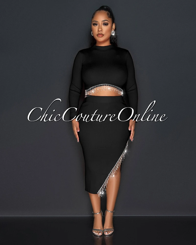 *Nala Black Crop Top & Midi Skirt Rhinestones Fringe Set