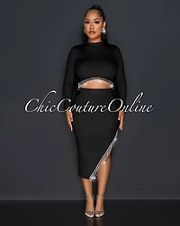 *Nala Black Crop Top & Midi Skirt Rhinestones Fringe Set