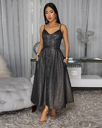 Tavi Black Blue Shimmer Jacquard Midi Dress