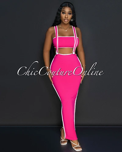 Ola Pink White Tube Crop Top & Overall Skirt Set