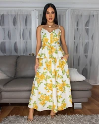 Capriannie Yellow Green Floral Print Skirt Set