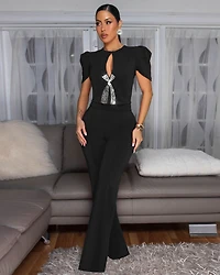 Eleonor Black Rhinestones Accent Top & Pants Set