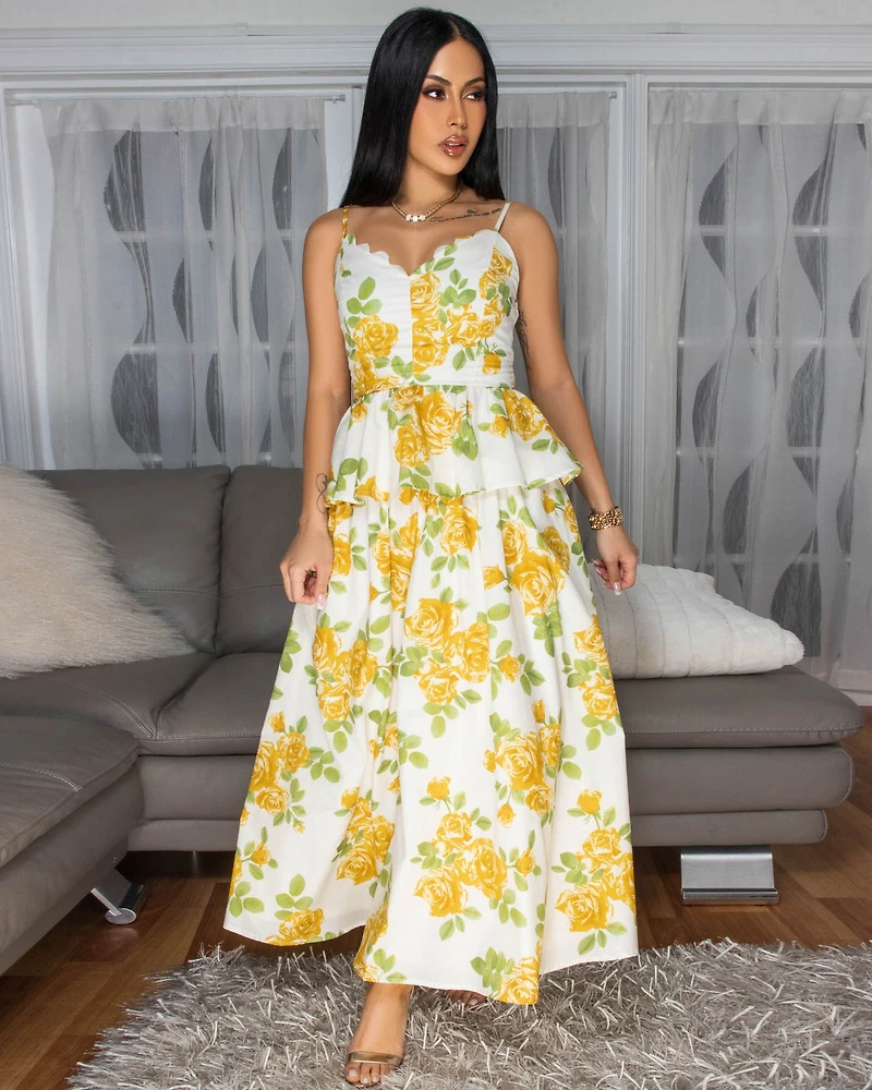 Capriannie Yellow Green Floral Print Skirt Set