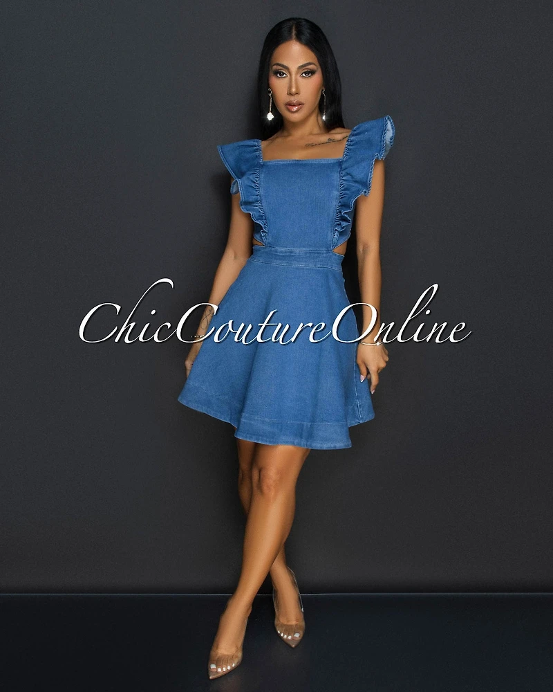 Adelina Blue Denim Cut Out Ruffle Dress