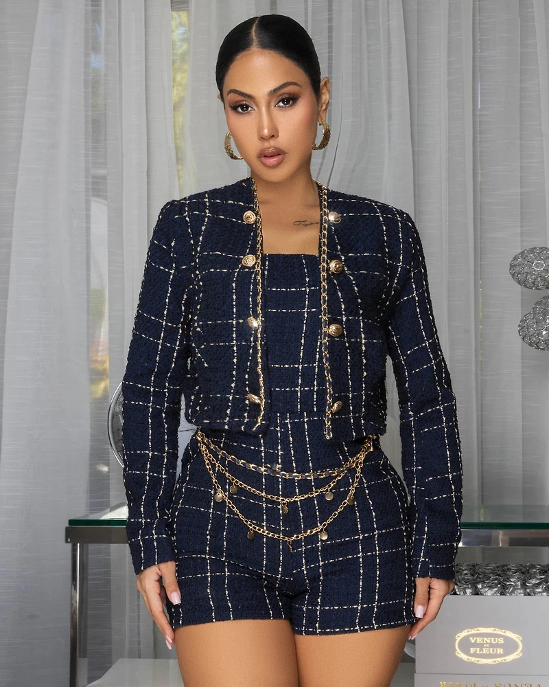 Nestelle Navy Gold Chain Tweed Romper & Jacket Set