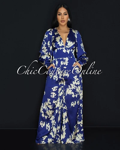 Foxxy Blue Cream Floral Silky Wide Legs Jumpsuit