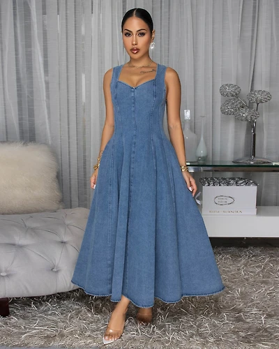 Aurelie Light Blue Denim Flare Maxi Dress