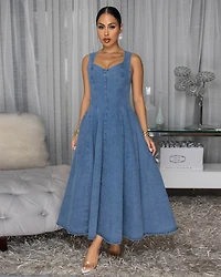 Aurelie Light Blue Denim Flare Maxi Dress