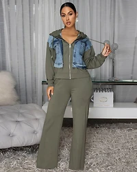 Aeris Denim Olive Green Jacket & Pants Set