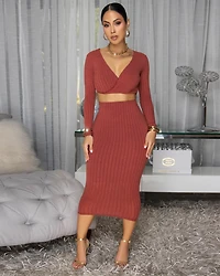 Draya Rust Orange Ribbed Skirt Set