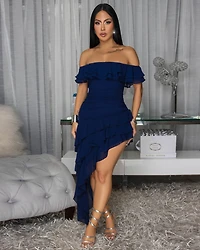 Shava Navy-Blue Off-The-Shoulder Ruffle Slit Maxi Dress