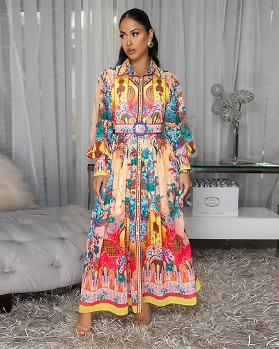 Moriell Multi-Color Floral Print Belted Maxi Dress