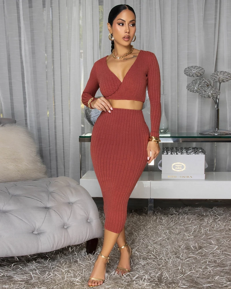 Draya Rust Orange Ribbed Skirt Set