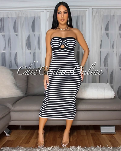 Baylen Black White Stripes Knit Strapless Dress
