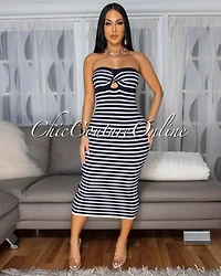 Baylen Black White Stripes Knit Strapless Dress