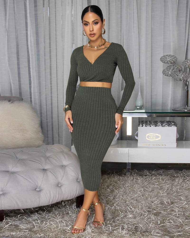 Draya Olive Green Ribbed Skirt Set