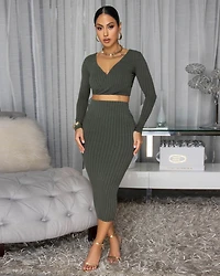 Draya Olive Green Ribbed Skirt Set