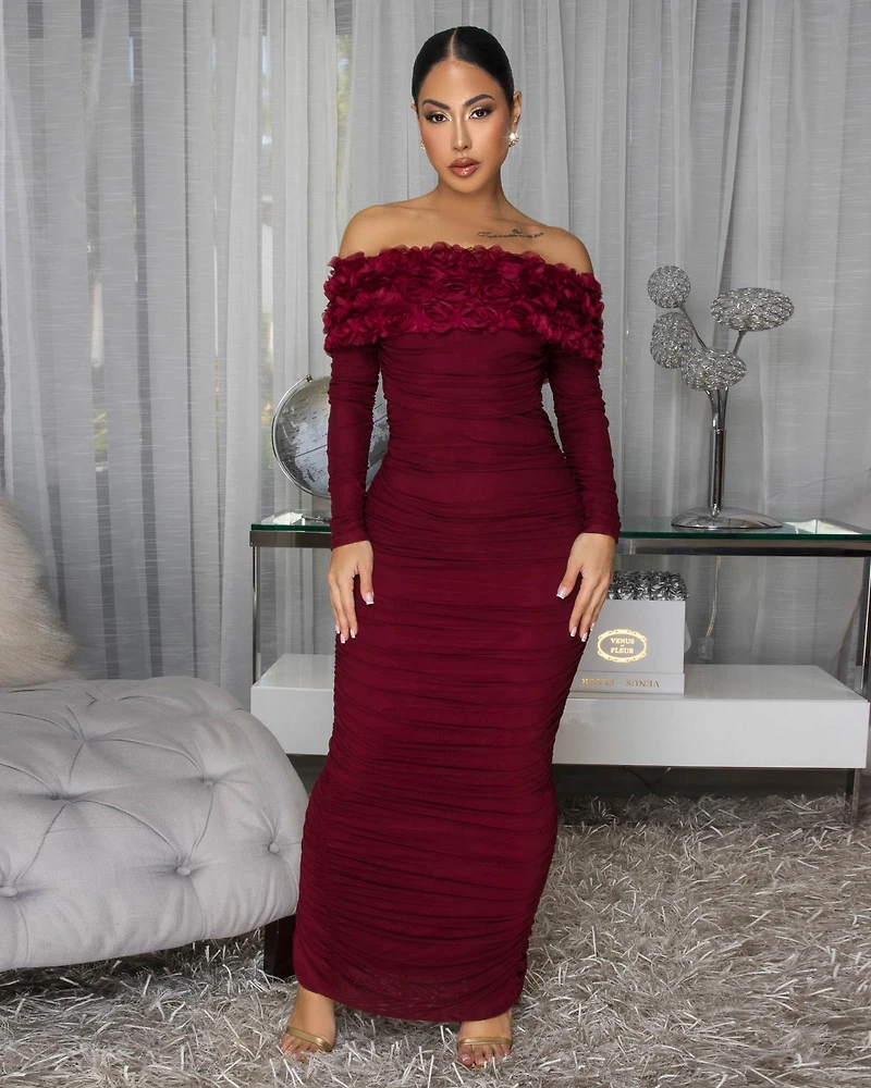Kace Burgundy Ruched Off-The-Shoulder Maxi Dress