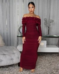 Kace Burgundy Ruched Off-The-Shoulder Maxi Dress
