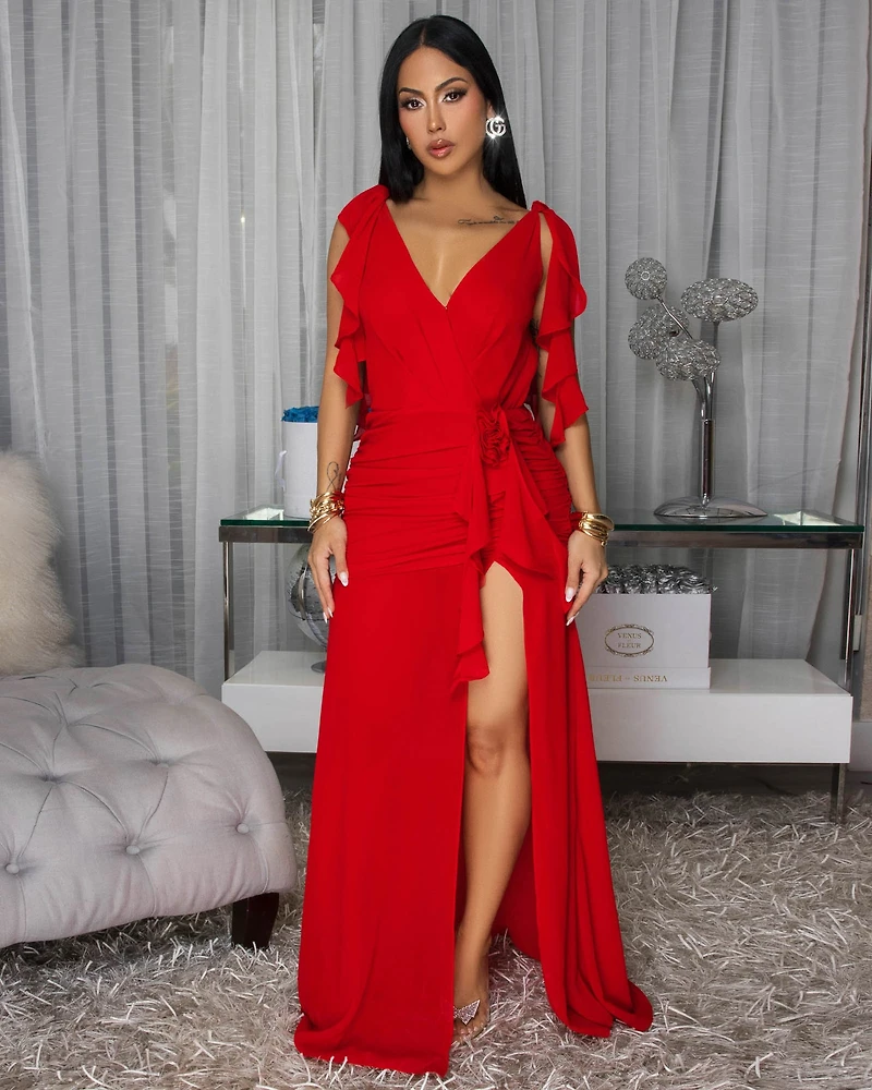 Abiankah Red Ruffle Slit Maxi Dress