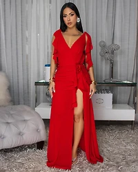 Abiankah Red Ruffle Slit Maxi Dress