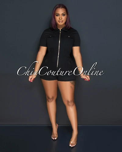 *Jenna Black Gold Zipper Utility Romper