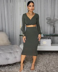 Draya Olive Green Ribbed Skirt Set