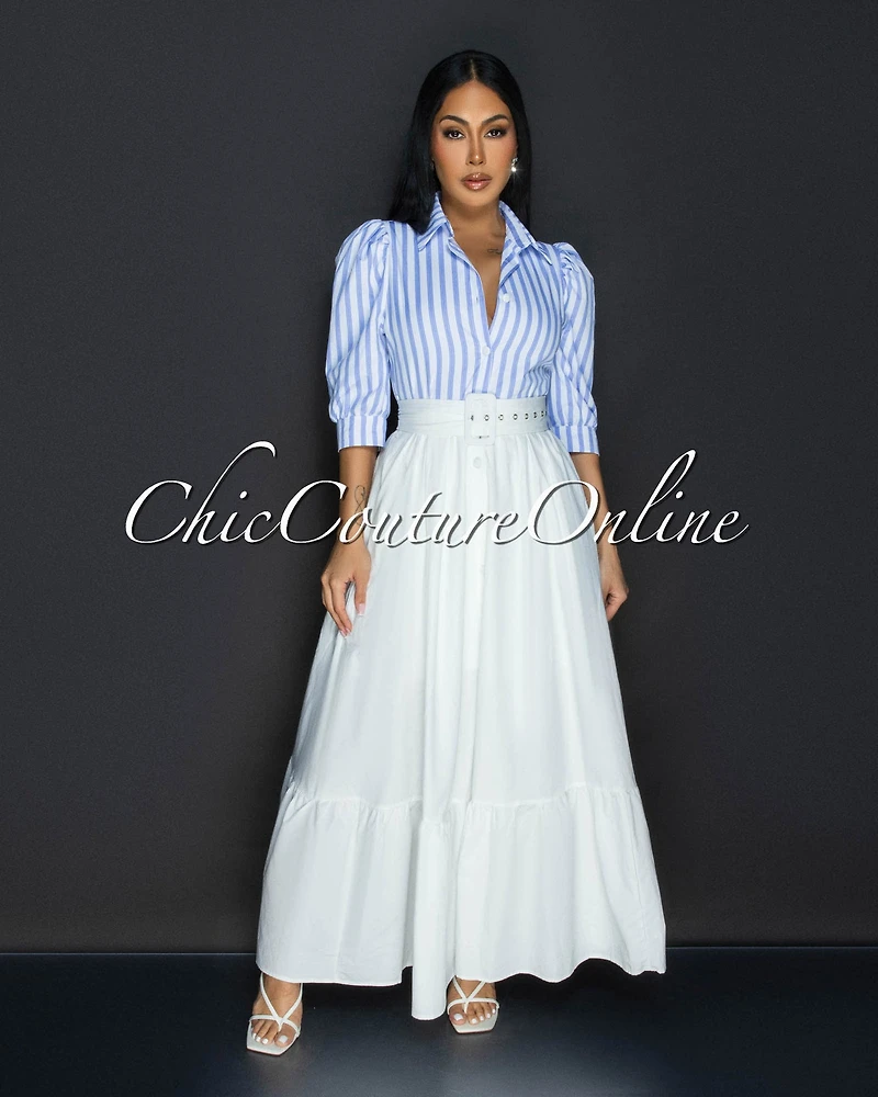 Liza Blue Stripes White Belted Ruffle Maxi Dress