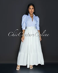 Liza Blue Stripes White Belted Ruffle Maxi Dress