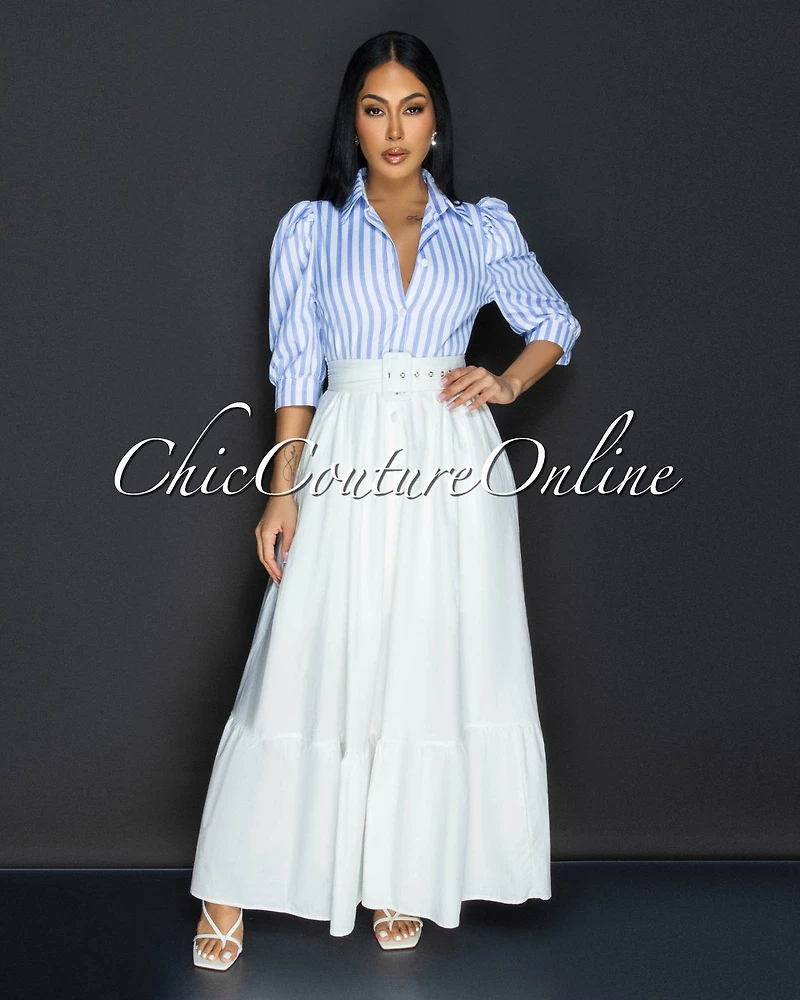 Liza Blue Stripes White Belted Ruffle Maxi Dress