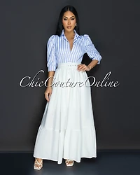 Liza Blue Stripes White Belted Ruffle Maxi Dress