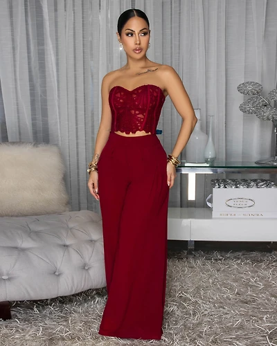 Emory Burgundy Corset Crochet Top & Pants Set
