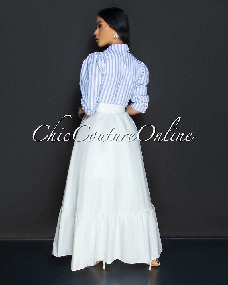 Liza Blue Stripes White Belted Ruffle Maxi Dress