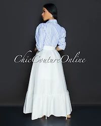 Liza Blue Stripes White Belted Ruffle Maxi Dress
