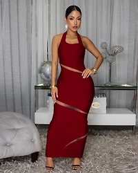 Abby Burgundy Red Bandage Rhinestones Halter Maxi Dress