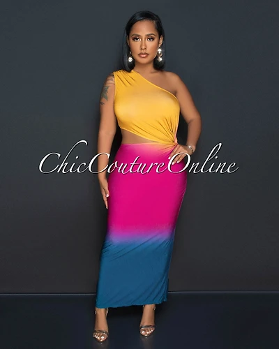*Ulicia Mustard Fuchsia Ombre Single Shoulder Cut-Out Midi Dress