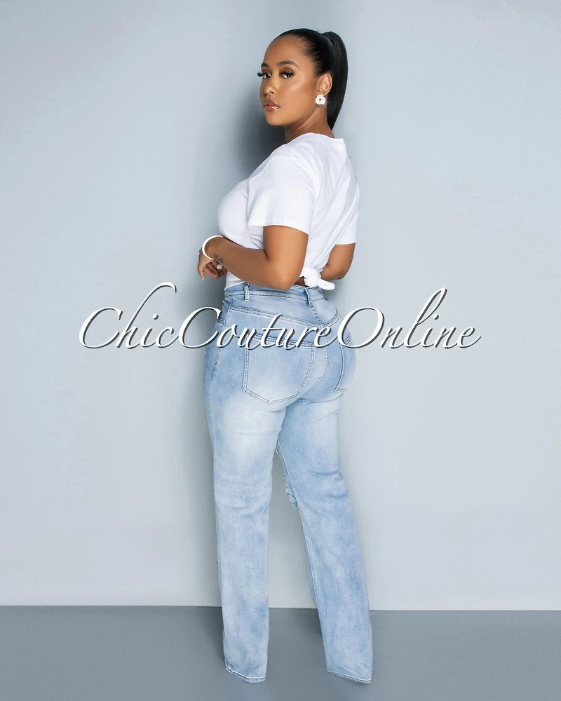 *Nadine Light Denim Rhinestones Fringe Accent Jeans