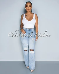 *Nadine Light Denim Rhinestones Fringe Accent Jeans