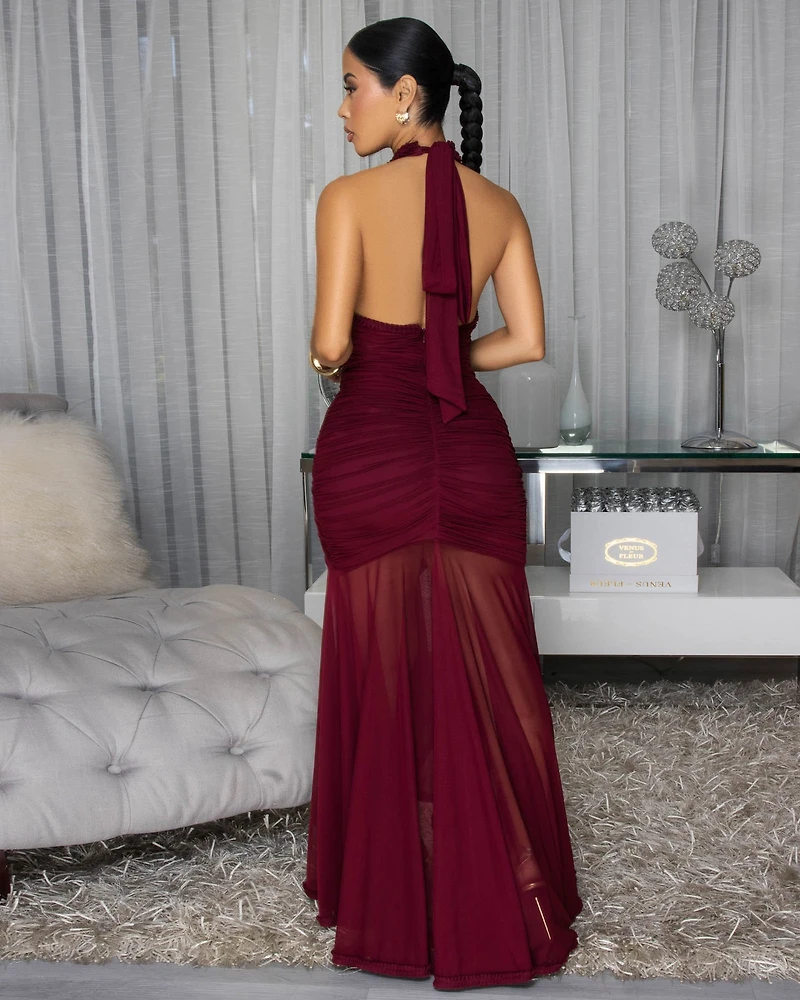 Kehlani Burgundy Ruffle Mesh Halter Maxi Dress